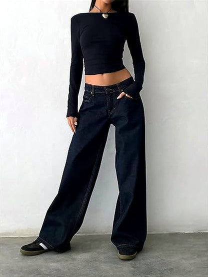 Women's Washed Denim Wide-Leg Vintage-Inspired Distressed Straight-Leg Jeans in Navy - product view