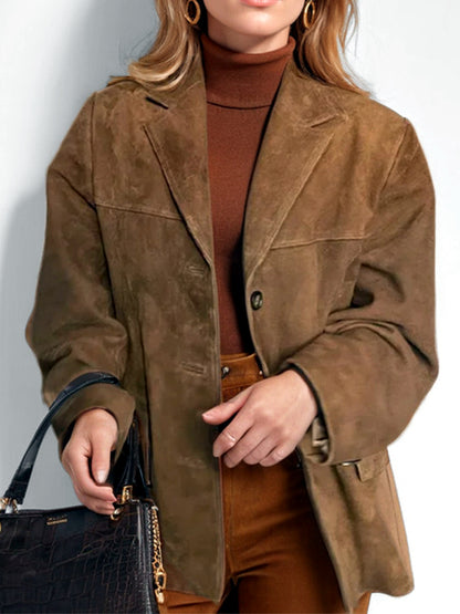 Women's Solid-Color Relaxed-Fit Single-Breasted Button-Front Point-Collar Pocket Blazer in Brown - product view