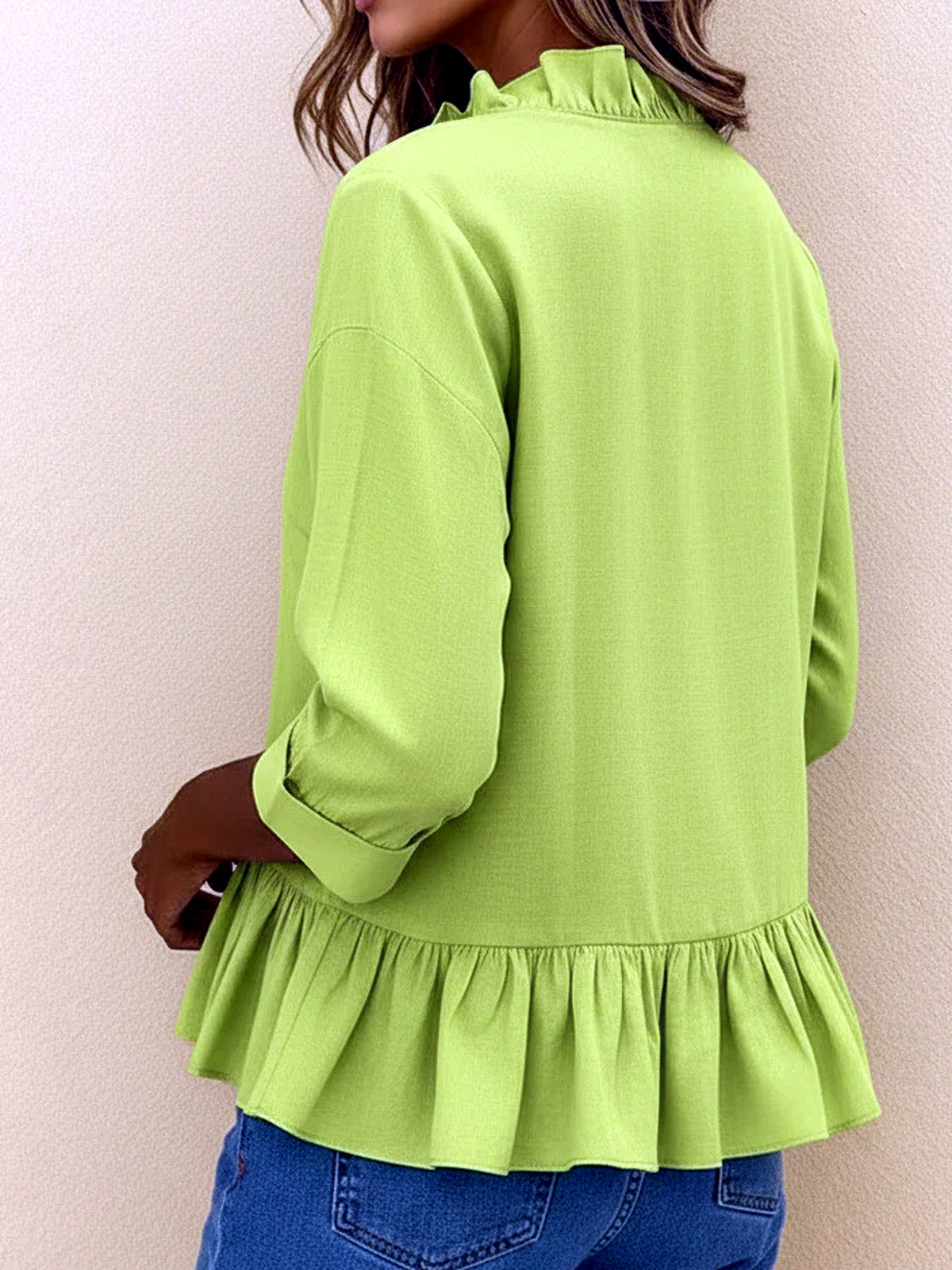 Women's Solid-Color Ruffle-Trim Relaxed-Fit Long-Sleeve Longline Mid-Length Shirt - product detail view 2