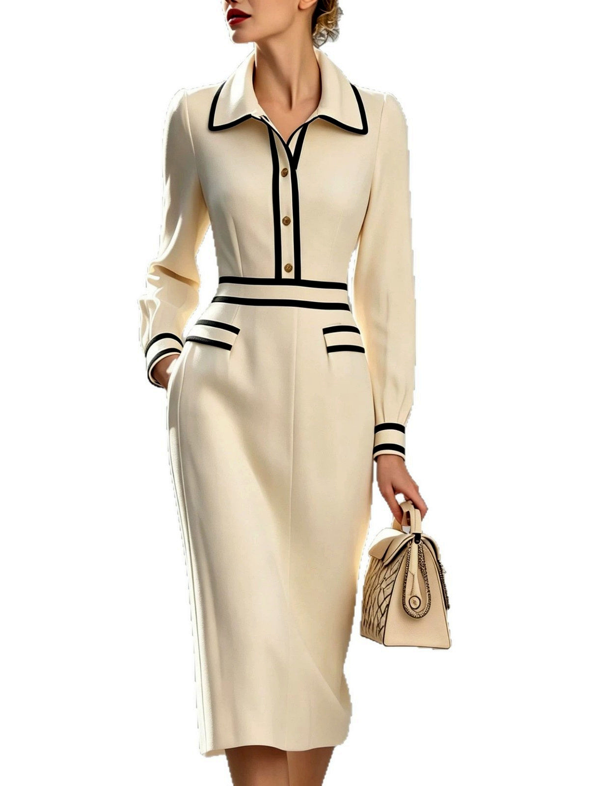 Point-Collar Patchwork Button-Front Slim-Fit Long-Sleeve Midi Dress - product detail view 4