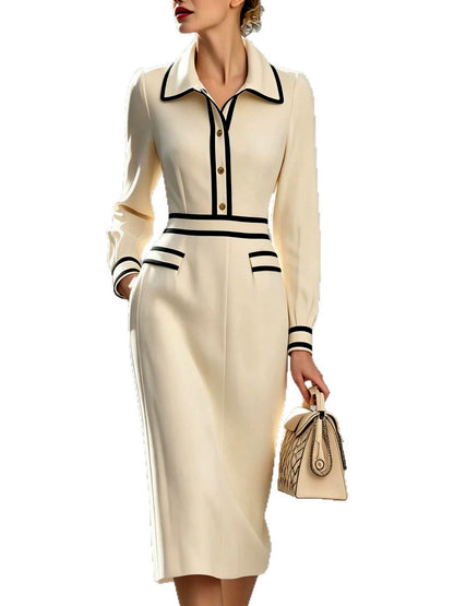 Point-Collar Patchwork Button-Front Slim-Fit Long-Sleeve Midi Dress - product detail view 4