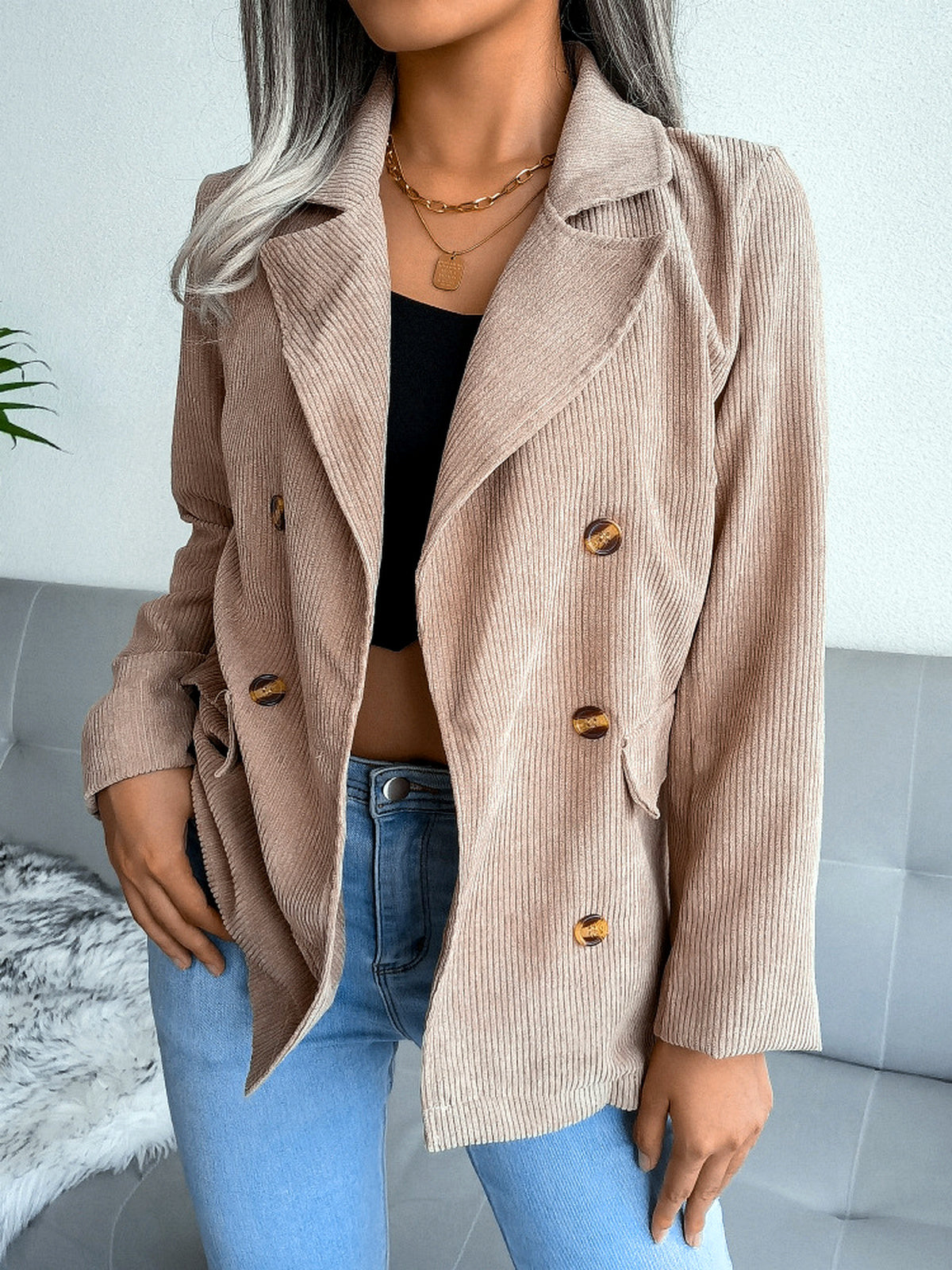 Women's Corduroy Plaid Slim-Fit Point-Collar Long-Sleeve Streetwear Blazer - product detail view 5