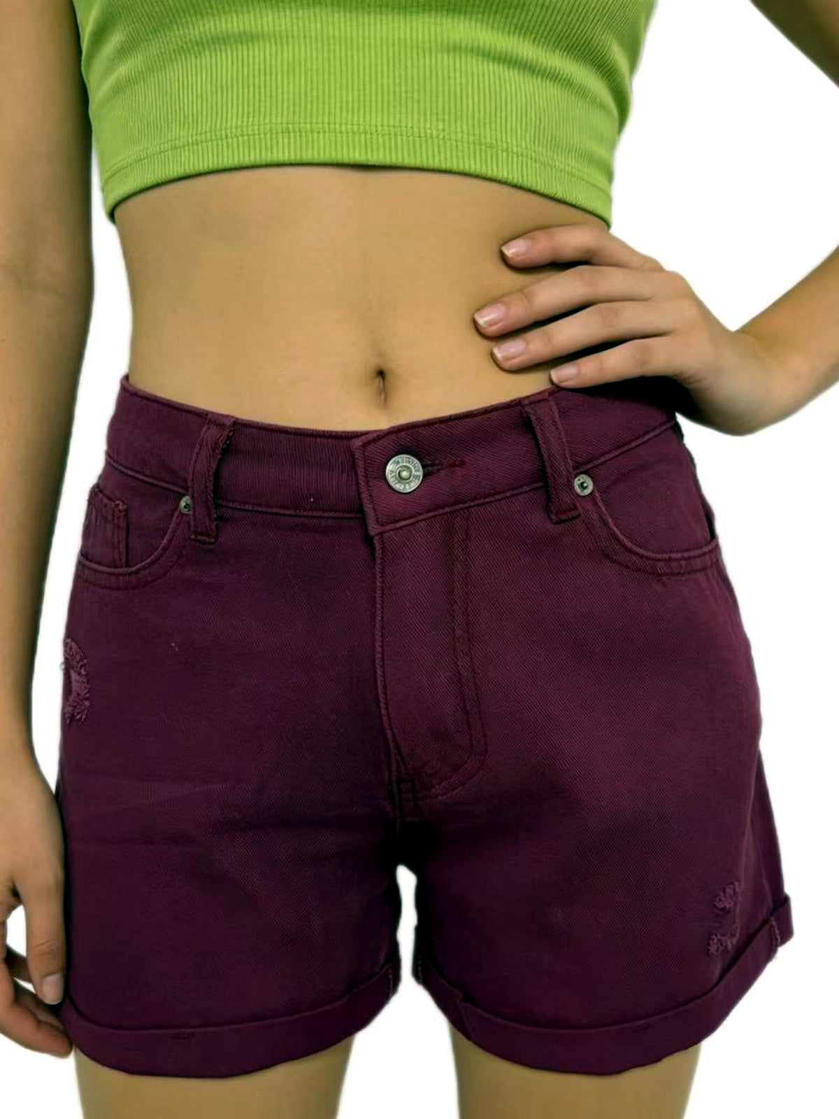 Women's Denim Distressed High-Waist Straight-Leg Office Shorts in Purple - product view