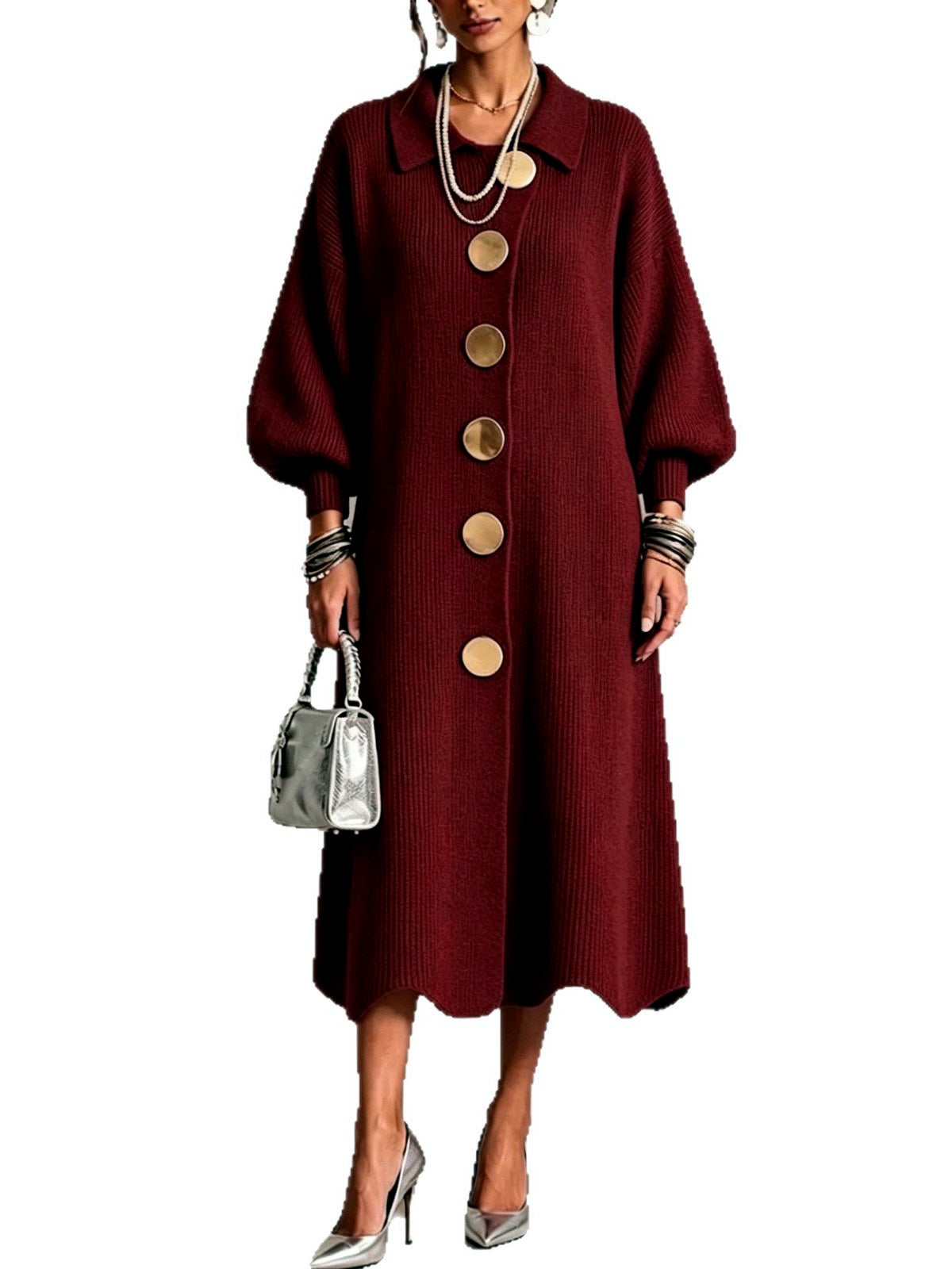 Women's Knit Solid-Color Polo-Collar Statement-Button Patchwork Dress - product detail view 1