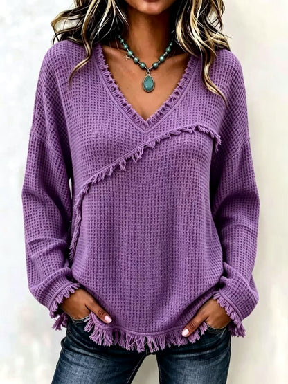 Women's Solid-Color V-Neck Fringe-Trim Relaxed-Fit Long-Sleeve Shirt in Purple - product view