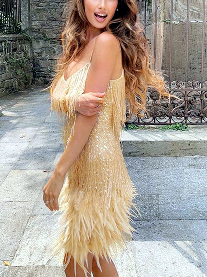 Women's Solid-Color Fringe-Trim Patchwork Relaxed-Fit Sleeveless Dress in Gold - product view
