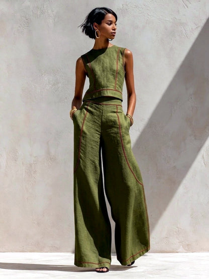 Women's Colorblock Sleeveless Wide-Leg Top & Pants Set in Beige - product view
