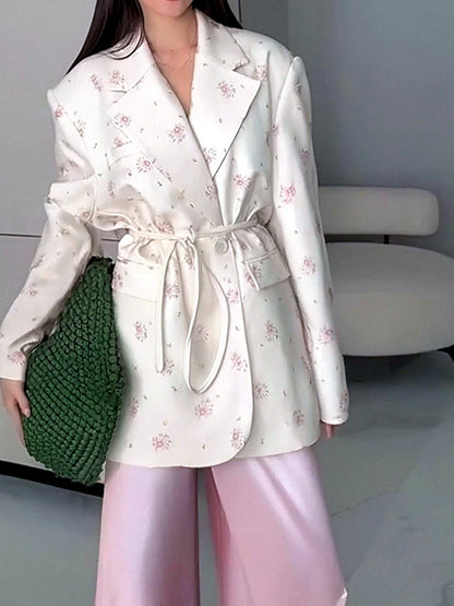 Women's Printed Solid-Color Slim-Fit Belted Long-Sleeve Office Blazer in 29783-Apricot - product view