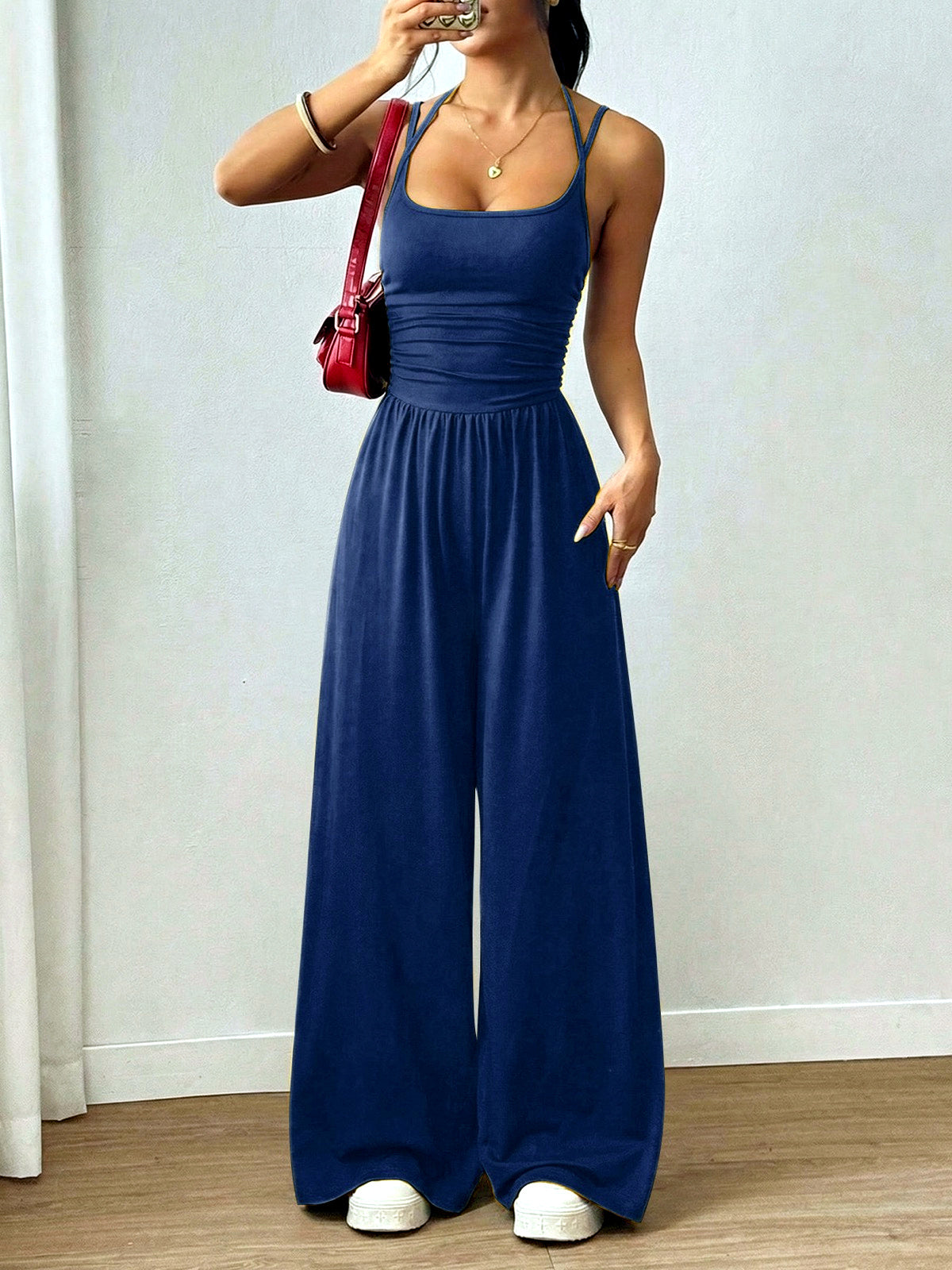 Women's Relaxed-Fit Sleeveless Stretch High-Waist Wide-Leg Jumpsuit in Blue - product view