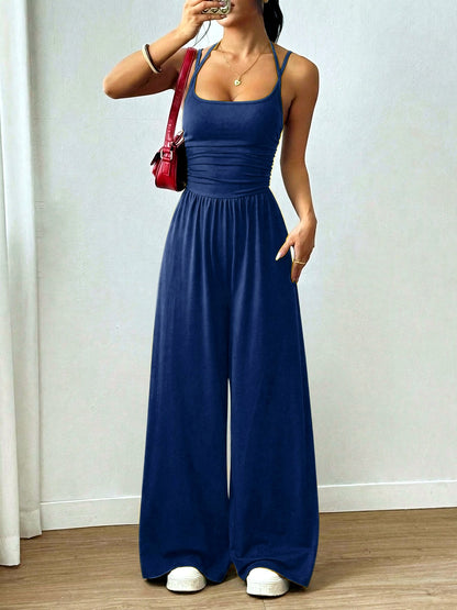 Women's Relaxed-Fit Sleeveless Stretch High-Waist Wide-Leg Jumpsuit in Blue - product view
