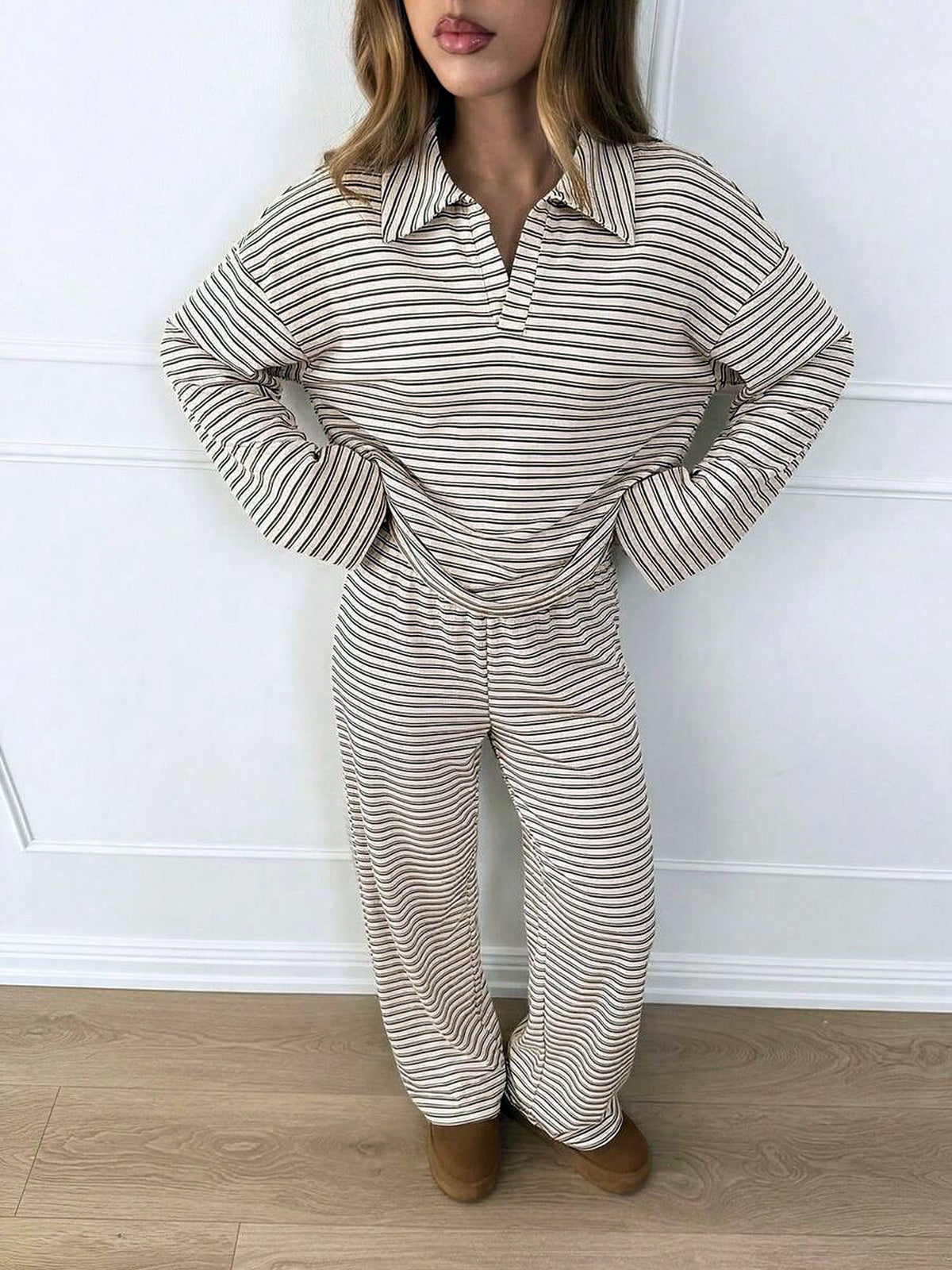 Striped Plaid Printed Point-Collar Long-Sleeve Wide-Leg Top & Pants Set - product detail view 4