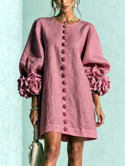 Women's Solid-Color Crew-Neck Button-Front Pullover Relaxed-Fit Dress in Beige - product view