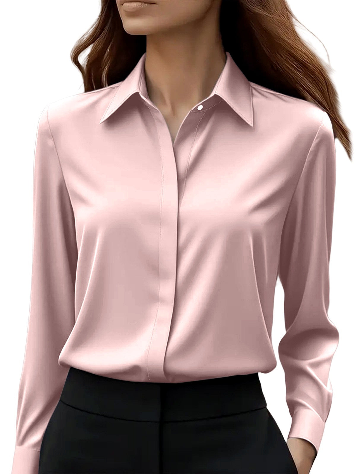 Women's Solid-Color Point-Collar Patchwork Button-Front Shirt in Pink - product view