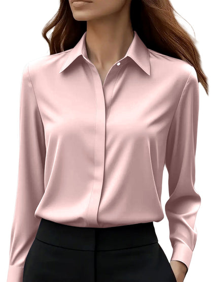 Women's Solid-Color Point-Collar Patchwork Button-Front Shirt in Pink - product view