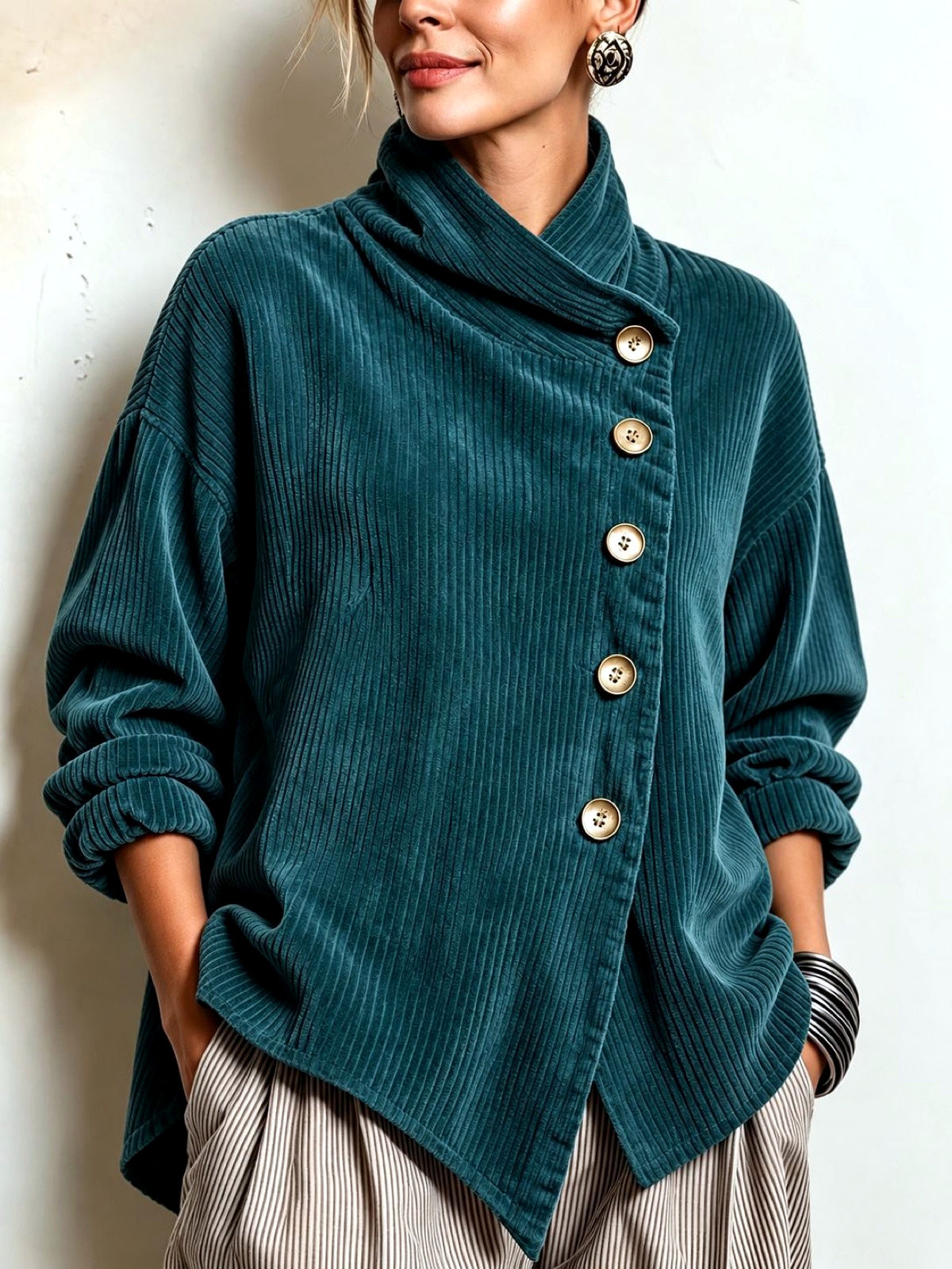 Women's Corduroy Relaxed-Fit Asymmetric Jacket in Green - product view