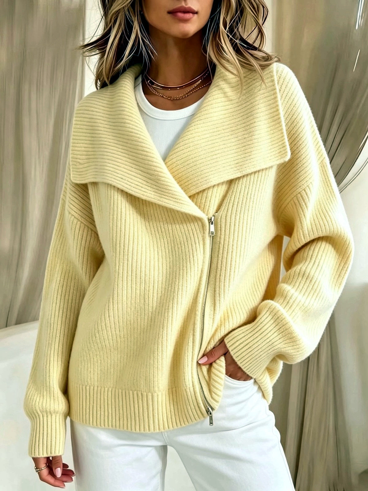 Women's Knit Solid-Color Zip-Front Relaxed-Fit Cardigan in Yellow - product view