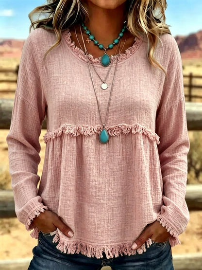 Crew-Neck Long-Sleeve Vintage-Inspired Shirt in Pink - product view
