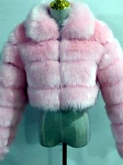 Women's Faux-Fur Point-Collar Stand-Collar Patchwork Long-Sleeve Coat in Pink - product view