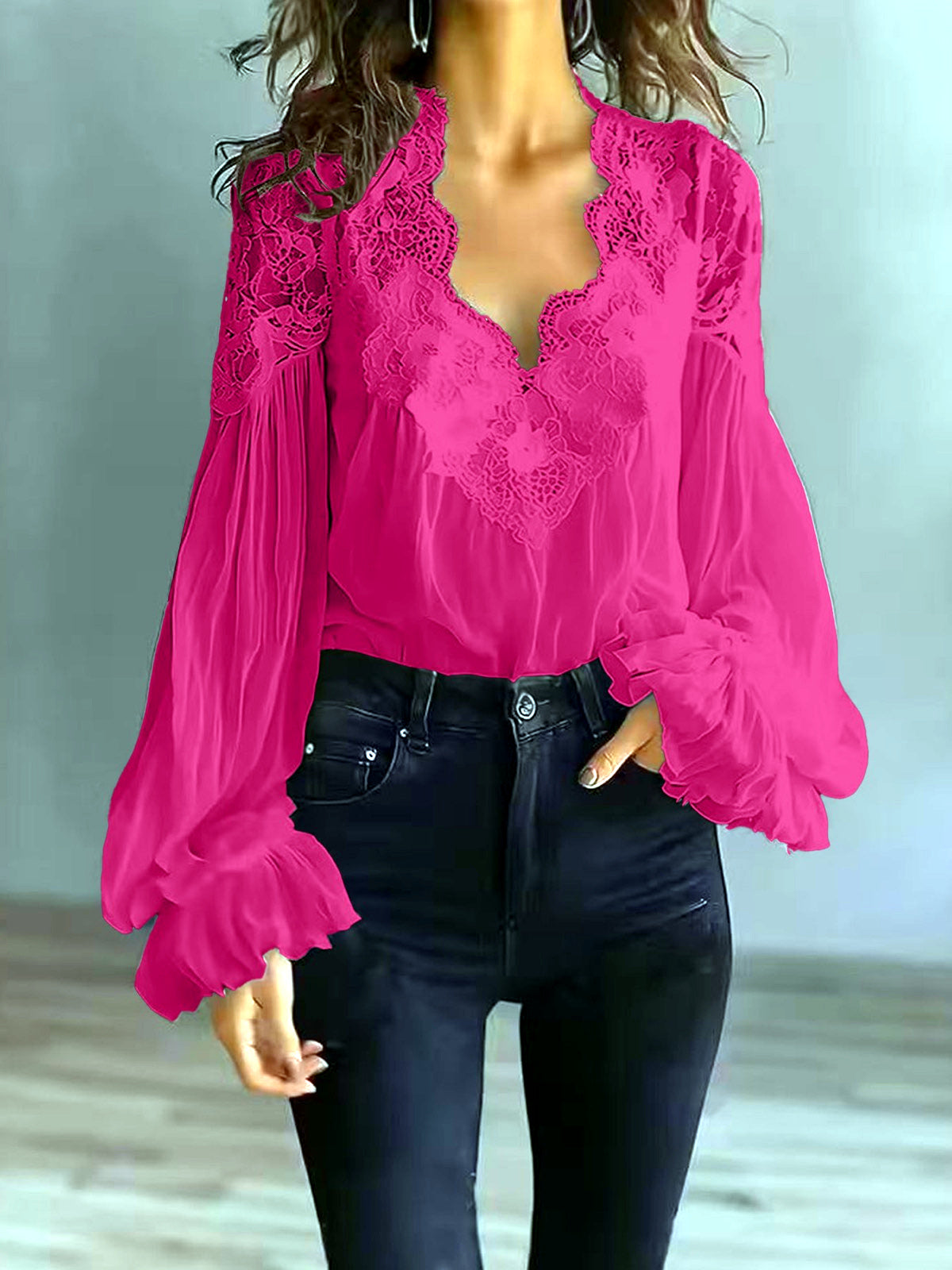 Women's Lace-Trim Patchwork Shirt in Rose Red - product view