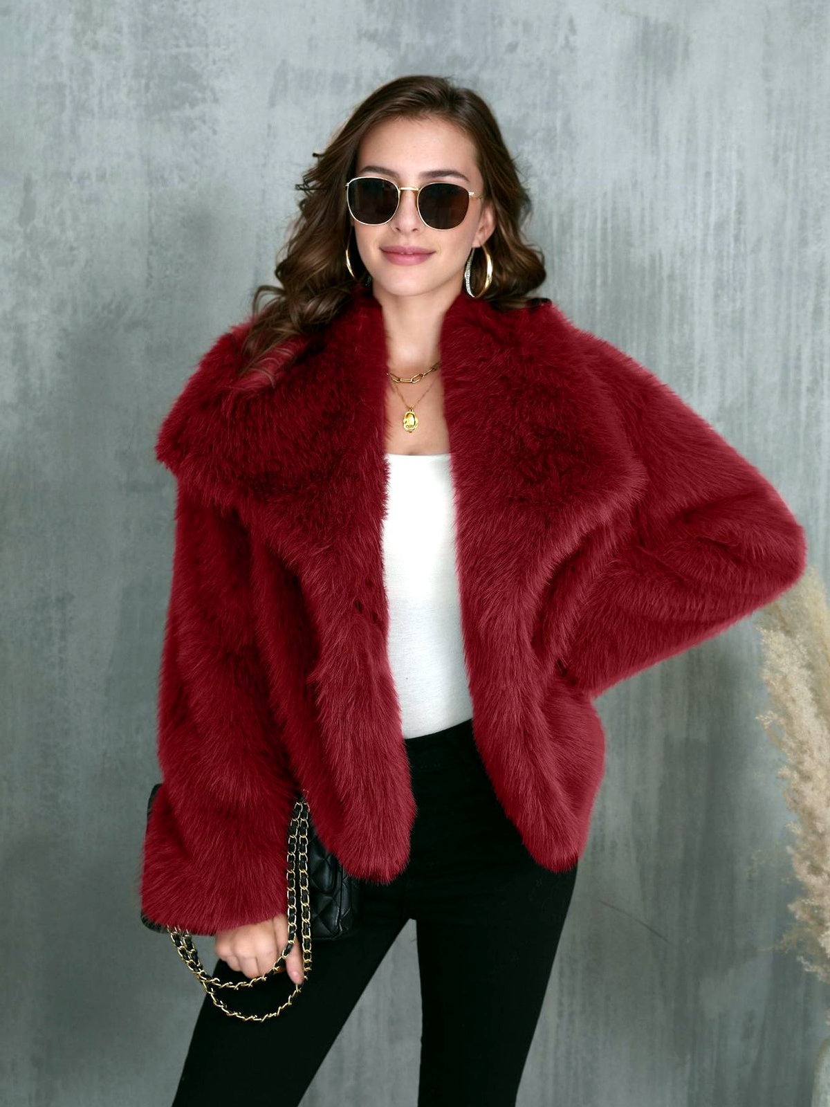Women's Faux-Fur Point-Collar Long-Sleeve Pocket Coat in Red - product view