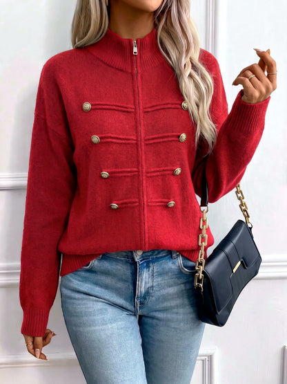 Women's Knit Stand-Collar Zip-Front Cardigan in Red - product view