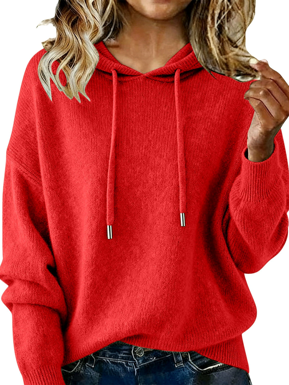 Women's Solid Color Long Sleeve Knit Sweater in Red - product view