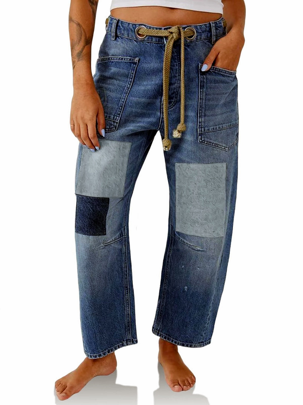 Women's Wide Leg Straight Jeans, Loose Denim Pants with Patchwork and Splatter Print Options