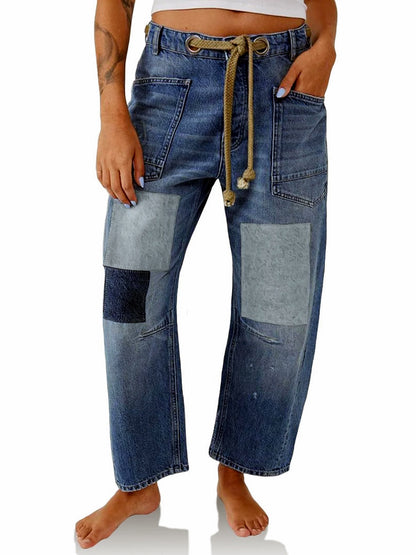 Women's Wide Leg Straight Jeans, Loose Denim Pants with Patchwork and Splatter Print Options