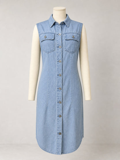 Women's Lightweight Washed Denim Midi Dress, Sleeveless Adjustable Strap Jean Dress