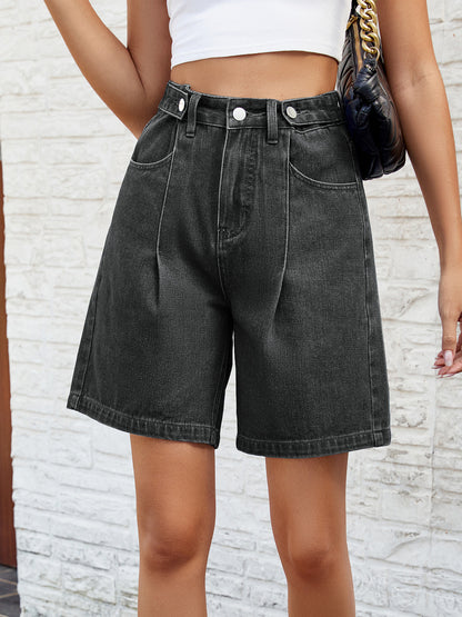Women’s Adjustable Waist Washed Denim Bermuda Shorts Mid Length Streetwear Jean Shorts