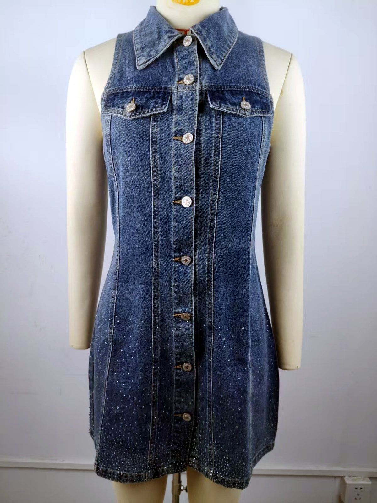 Women's Rhinestone Denim Mini Dress, Sleeveless Collared Button Front Slim Jean Dress