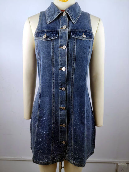 Women's Rhinestone Denim Mini Dress, Sleeveless Collared Button Front Slim Jean Dress