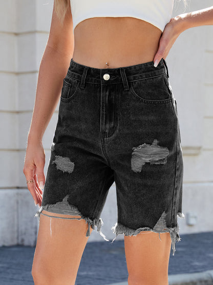 Women’s Distressed Denim Bermuda Shorts Ripped Raw Hem Streetwear Knee Length Jean Shorts