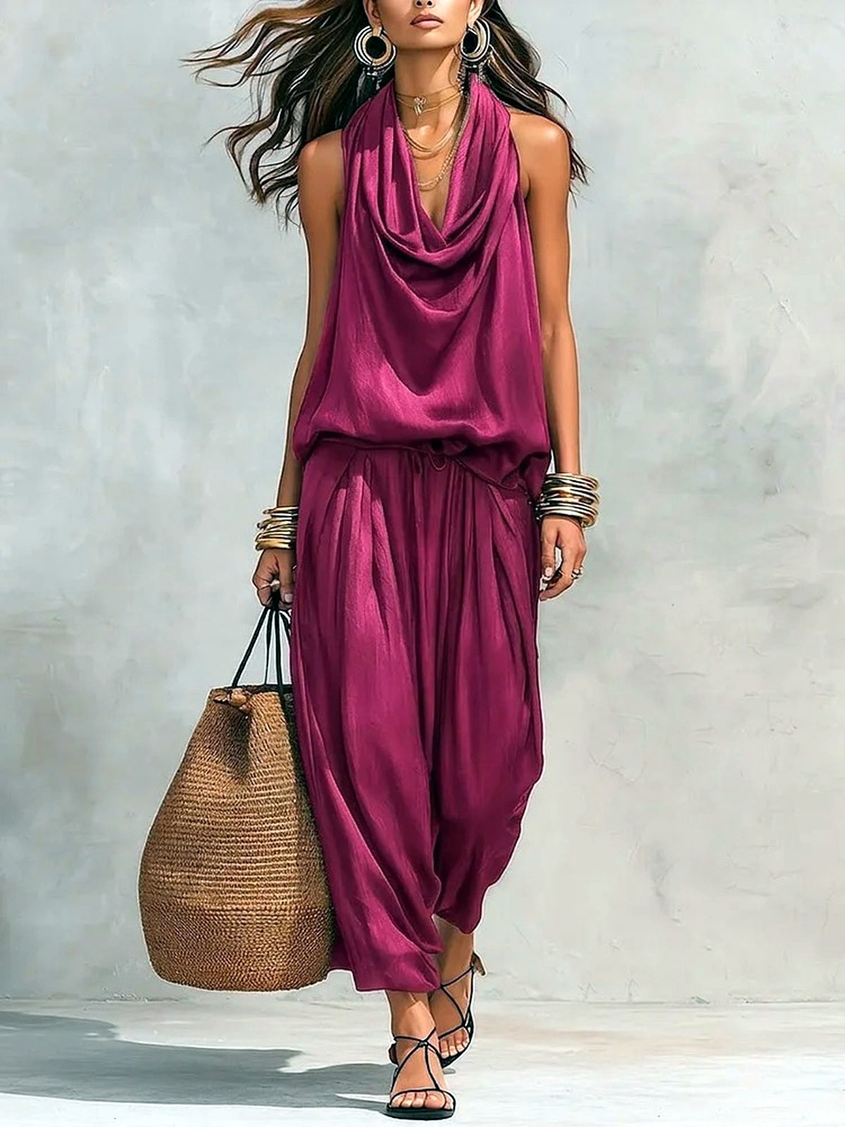 Women's Pleated Neck Two Piece Set, Sleeveless Top and Relaxed Pants Outfit