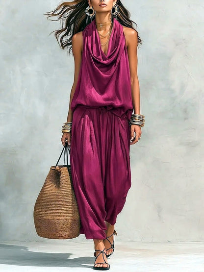 Women's Pleated Neck Two Piece Set, Sleeveless Top and Relaxed Pants Outfit