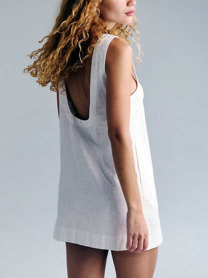 Women's Linen Blend Backless Mini Dress, Sleeveless Solid Color Summer Tank Dress