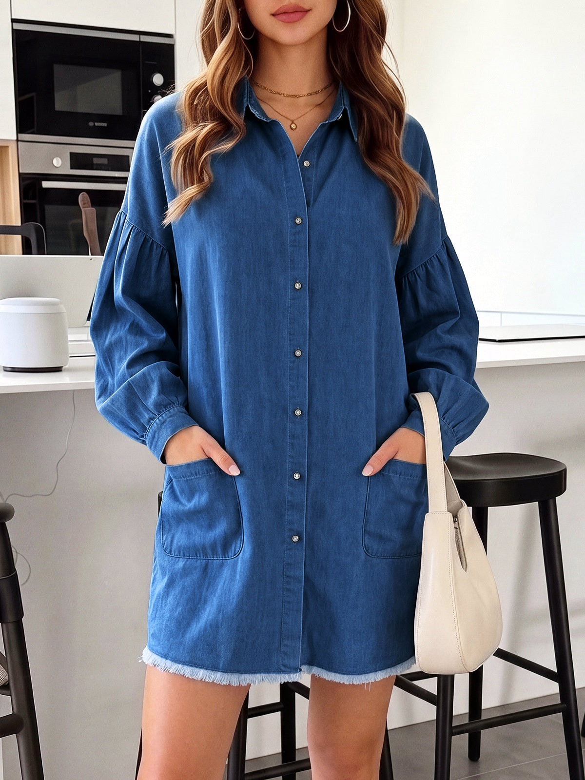 Women's Washed Denim Shirt Dress, Long Sleeve Button Front Loose Midi Dress with Lantern Sleeves