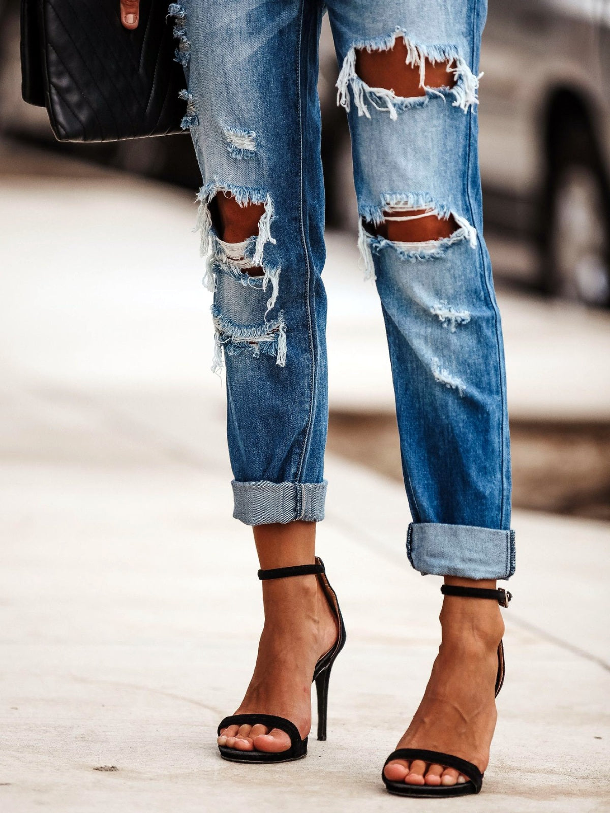 Women's Washed Ripped Straight Leg Jeans, Mid Waist Distressed Denim Pants for Casual Street Style