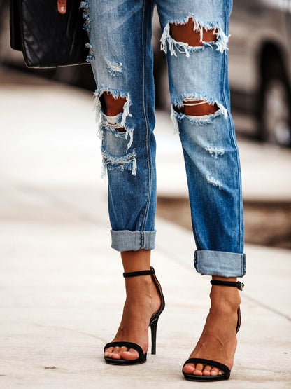 Women's Washed Ripped Straight Leg Jeans, Mid Waist Distressed Denim Pants for Casual Street Style