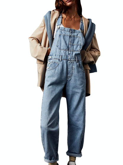 Women's Relaxed-Fit Washed Denim Bib Overalls with Utility Pocket - product detail view 5