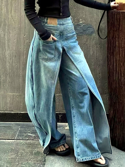 Women's Denim Patchwork Stretch High-Waist Wide-Leg Jeans - product detail view 8
