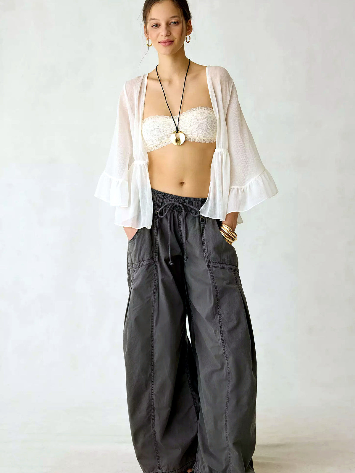 Women's Elastic Waist Wide Leg Pants Loose Casual Fall Winter Trousers - product detail view 6