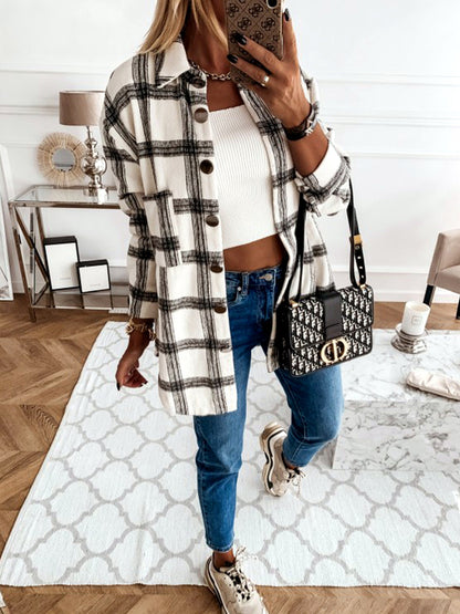 Women's Plaid Point-Collar Patchwork Relaxed-Fit Long-Sleeve Woven-Panel Cardigan - product detail view 6