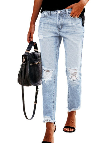 Women's Denim Distressed Mid-Rise Straight-Leg Vintage-Inspired Office Pants - product detail view 6