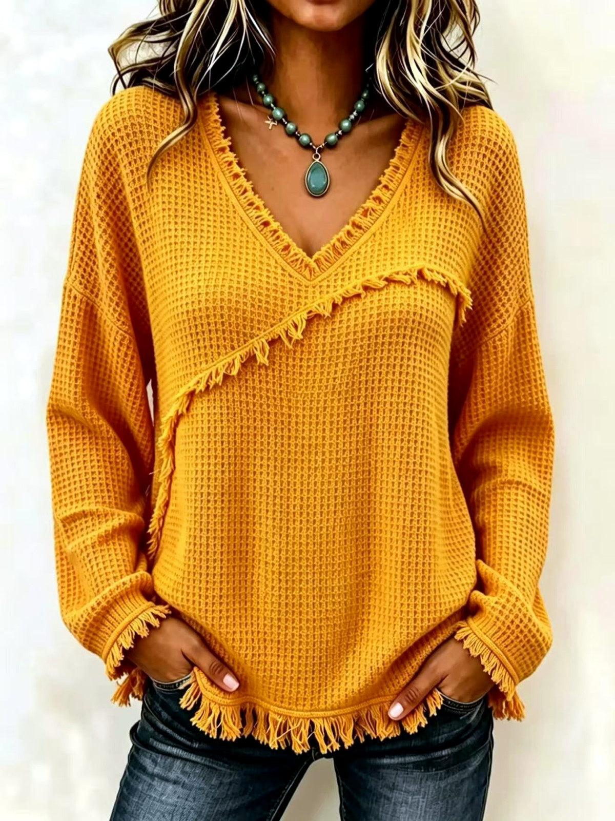 Women's Solid-Color V-Neck Fringe-Trim Relaxed-Fit Long-Sleeve Shirt in Yellow - product view