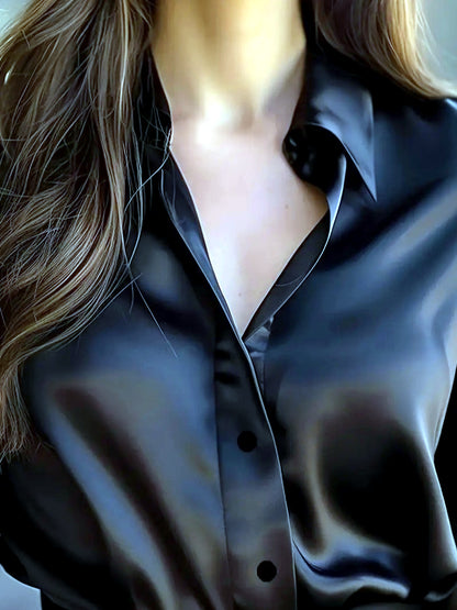 Women's Solid-Color V-Neck Patchwork Button-Front Long-Sleeve Shirt - product detail view 5