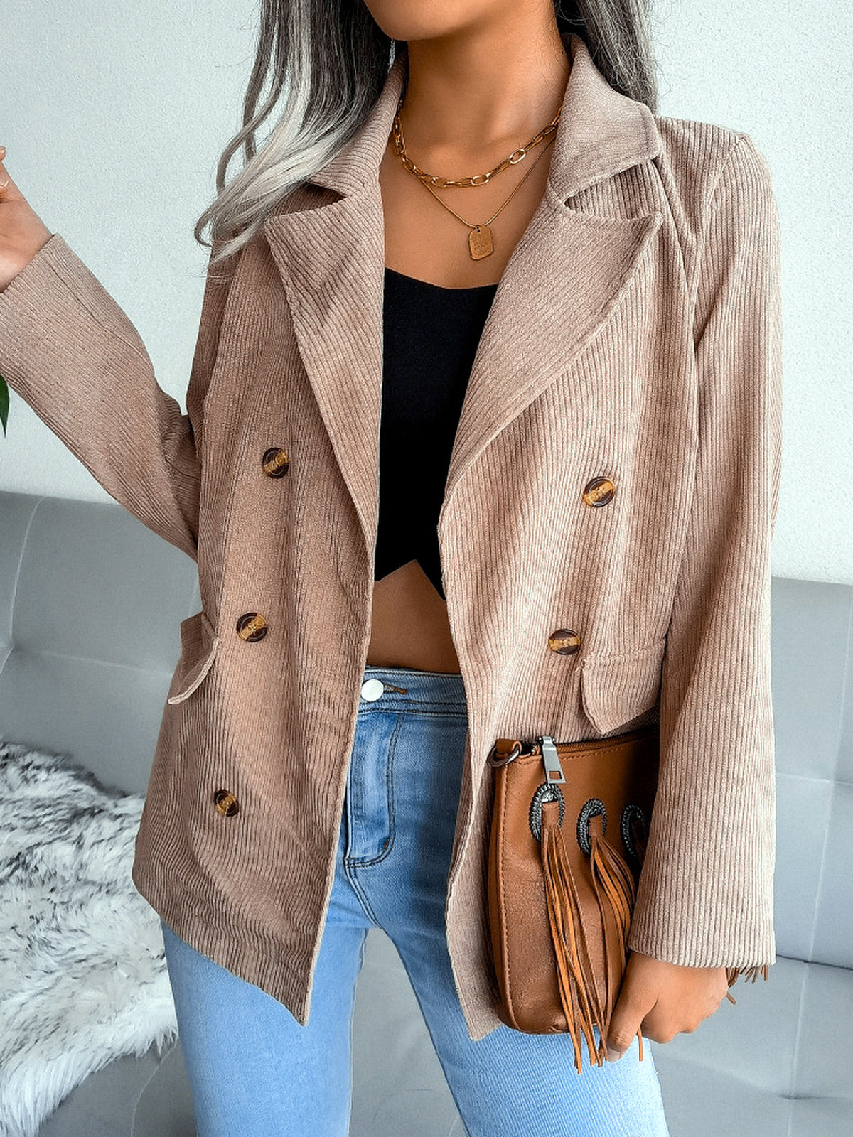 Women's Corduroy Plaid Slim-Fit Point-Collar Long-Sleeve Streetwear Blazer - product detail view 6