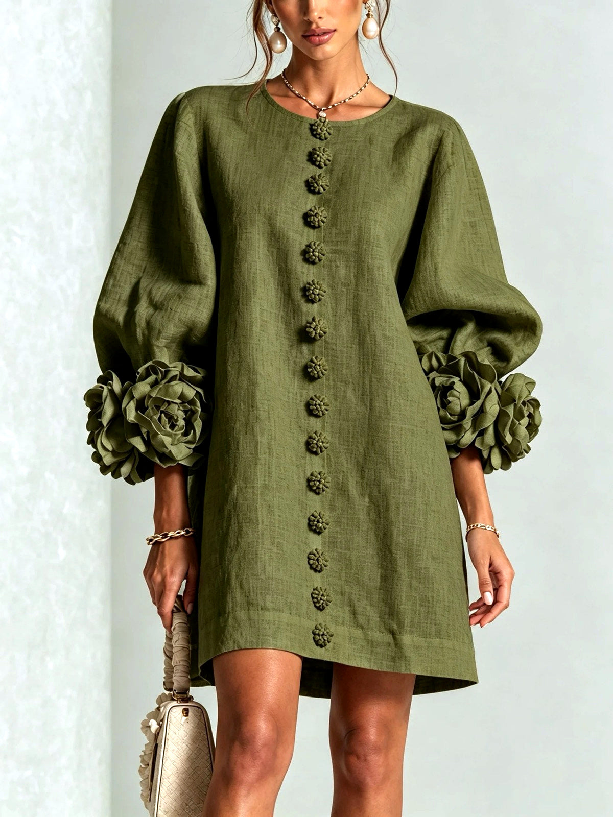 Women's Solid-Color Crew-Neck Button-Front Pullover Relaxed-Fit Dress in Green - product view