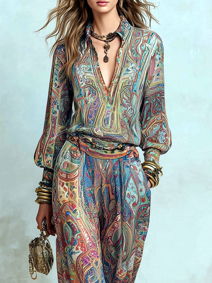 Women's V-Neck Long-Sleeve Wide-Leg Top & Pants Set - product detail view 6