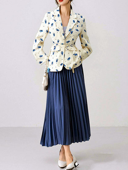 Women's Printed Solid-Color Slim-Fit Belted Long-Sleeve Office Blazer in 29783- - product view